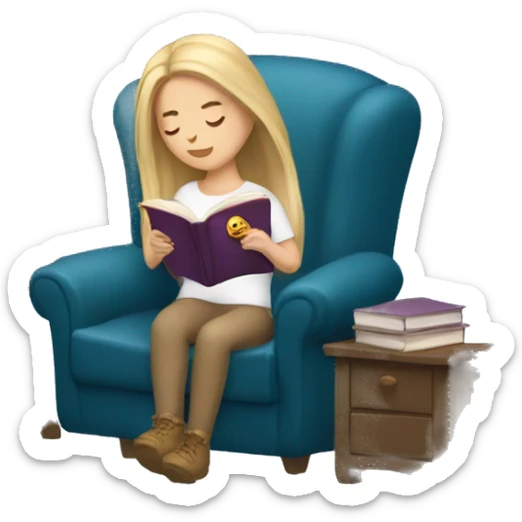 long hair white girl reading a book in cozy chair  sticker