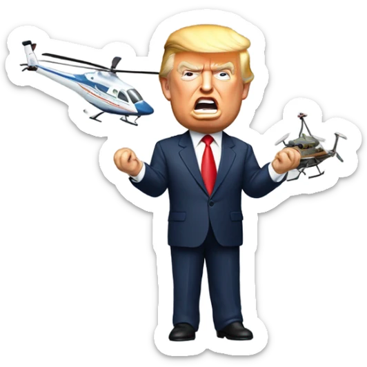 Donald trump by himself holding an airplane in one hand and a helicopter in the other hand smashing them together sticker
