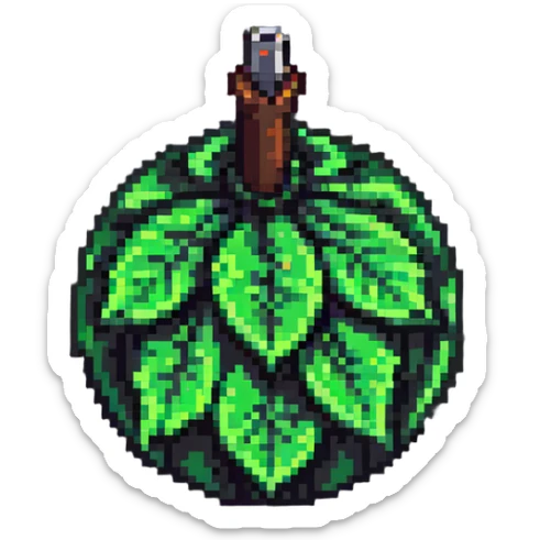 Green digital bomb with leaf-shaped fuse at the top, round black bomb body with green accents, pixel art style sticker