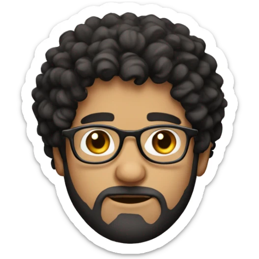 A Greek guy with black hair with curly hair and glasses and a beard sticker
