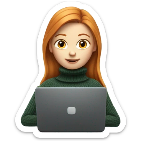 ginger girl with long hair in turtle neck sweater working on a laptop sticker