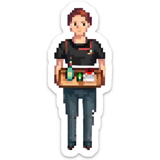 A guy waiter in a black T-shirt with a tray in his hand sticker