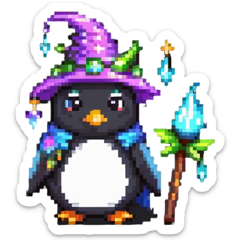penguin wizard with magical sparkles, a unicorn, fairy, and tiny goblin companion in a pixelated fantasy world sticker