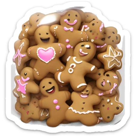 Realistic glass cookie jar with light pink lid full of gingerbread cookies isolated.  sticker