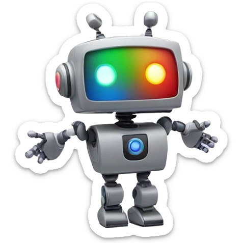Design an emoji of a robot in a dancing pose with colorful lights. sticker