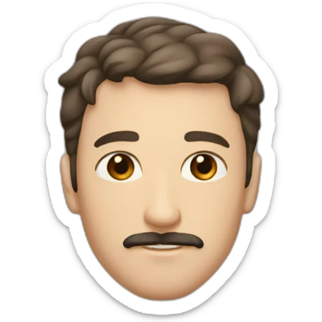 A young Caucasian man with dark brown eyes, almond-shaped eyes, short dark brown hair, and a small dark brown beard with a more prominent mustache. sticker