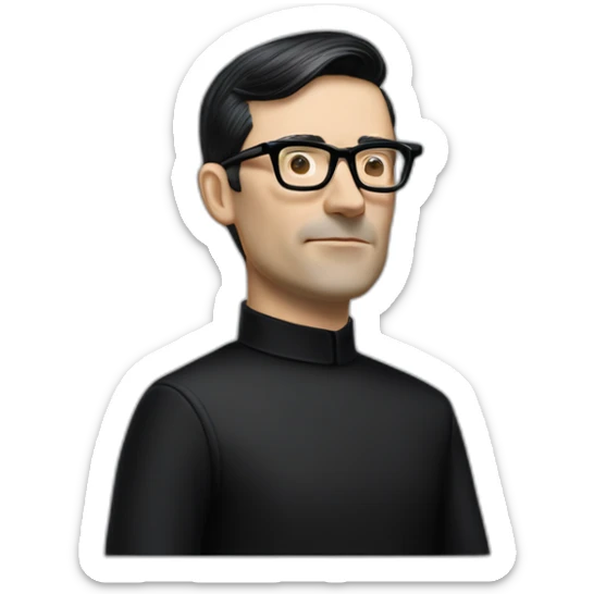 small photo realistic Ralf Hutter from Kraftwerk, short straight black hair, black glasses, thin, black shirt, side view, riding open top black tesla model 3 sticker