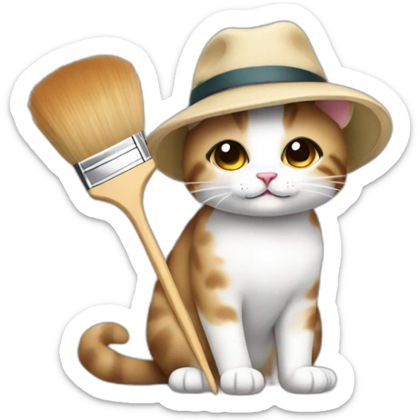 Kawaii cat artist in hat with palette and brush so it can be used as a mouse cursor sticker