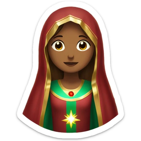 Virgin Mary: kind face looking down at the left, long brown hair, Wearing an emerald green  robe with gold stars and a burgundy red dress,  Hands in prayer or blessing. Halo around her head. standing in front of a big sun.  sticker