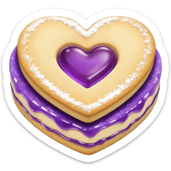 Realistic shortbread cookie in the shape of a heart with purple pastel jelly middle filling and sprinkled powder sugar on top. sticker