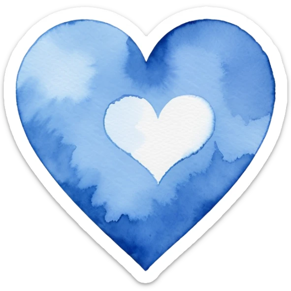 minimalist watercolor heart icon, monochromatic blue washes, soft bleeding edges, on textured white paper, serene and emotional, perfect for app icon, transparent background, flat lay --style raw --stylize 150 sticker