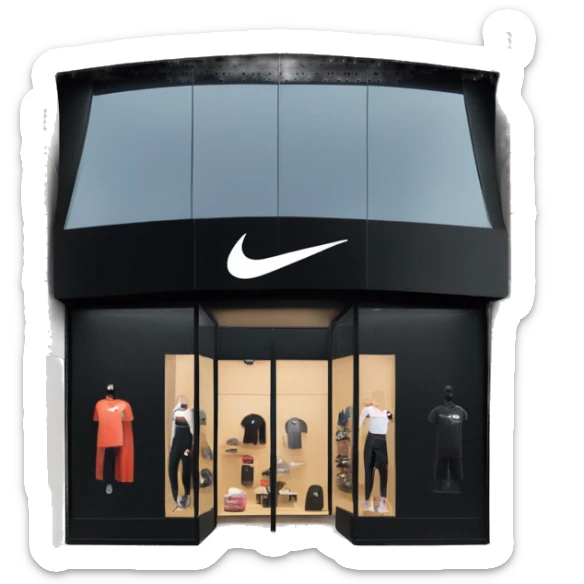 “Nike store exterior with a black facade, iconic swoosh logo, large glass windows displaying athletic wear, and sleek entrance doors.” sticker