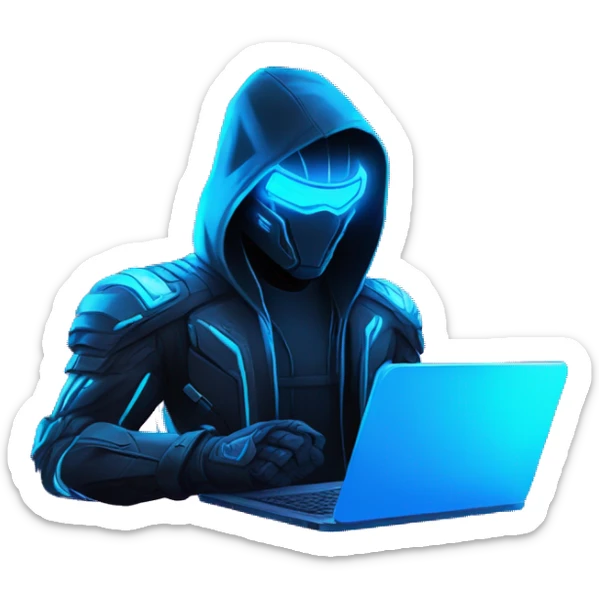 Hacker behind his laptop with this style : crysis Cyberpunk Valorant neon glowing bright blue character blue black hooded assassin themed character sticker