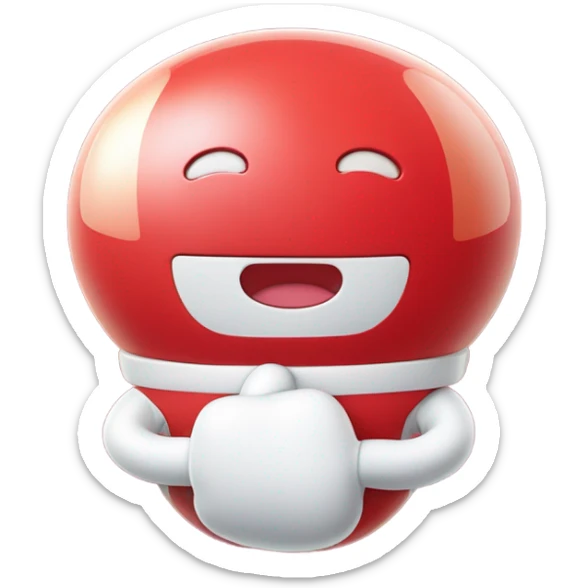 Very shiny full body character with pill capsule head with puffy body and welcoming waving Mickey Mouse arms braun Japanese inspired Anpanman with big boots and antennae red and white colors only sticker