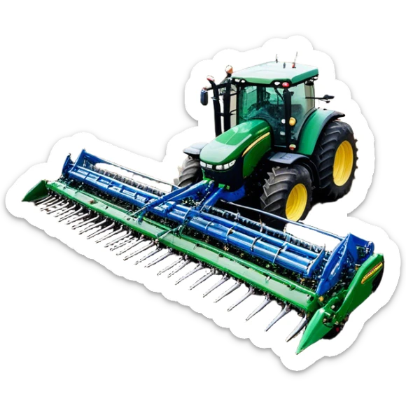 Bourgault 3420 Paralink Hoe Drill (2022) – Cinematic-realistic John Deere 6155M tractor hauling a Bourgault 3420 Paralink Hoe Drill, its powerful green frame pulling the vast blue seeder across endless fields. The machine plants seeds with pinpoint accuracy, leaving precise rows in the rich brown soil,  sticker