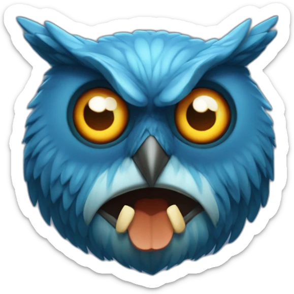 blue owl (hexa color 072a6b) with with devil horns, a wide grin, and eyes and eyebrows scrunched downward, looks angry, only head sticker