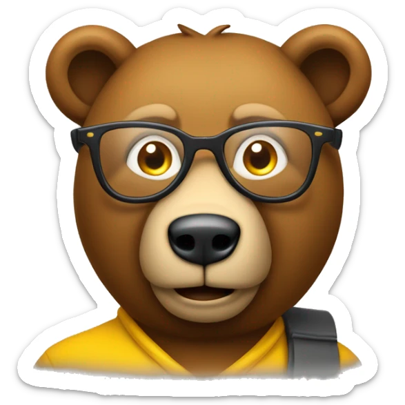 Apple emoji style brown bear animal as a university professor, wearing clear yellow plastic thick-rimmed glasses sticker