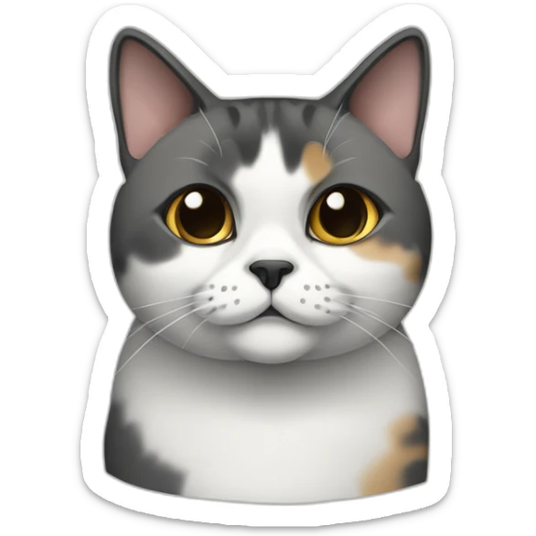 senior fat diluted calico cat, white chin, black nose, grey ears, grey and white sticker