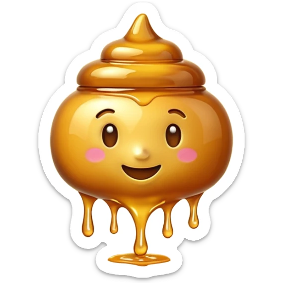 3D iPhone style emoji of golden honey, thick and glossy texture, dripping slowly, isolated on white background, soft shadows, high detail, playful and cute. sticker