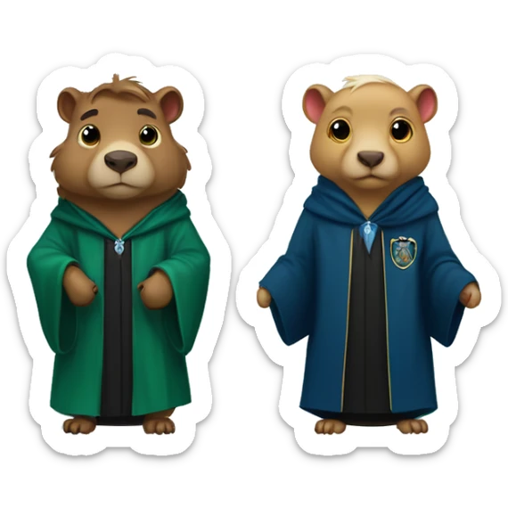 2 capybaras one with ravenclaw robe and the other with Slytherin robe sticker
