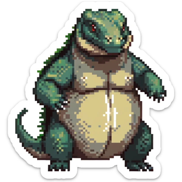 A pixelated fat komodo dragon with a big round belly, mid-hiccup with its body slightly jumping sticker