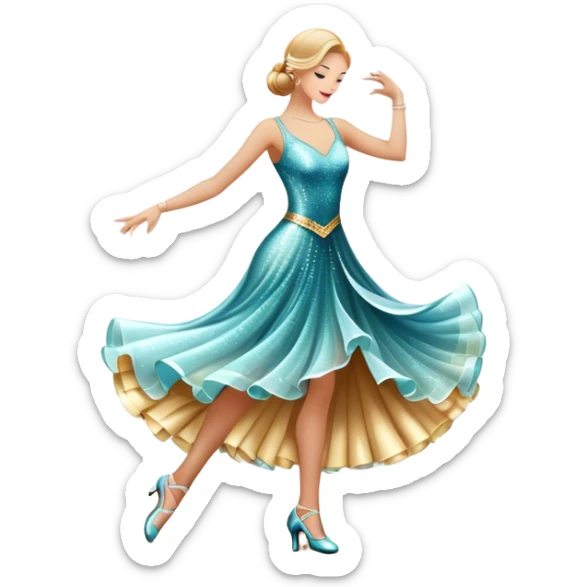 Humanless Icon for Ballroom Dance: elegant ballroom dance shoes, a sparkling dress, and a dance floor with a spotlight. The icon should capture the grace and elegance of ballroom dancing, with emphasis on movement and rhythm. Transparent background. sticker
