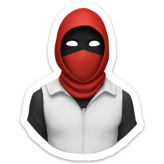 A person in a red guard costume,with a  black mask with a white triangle on the mask. Red hood up sticker