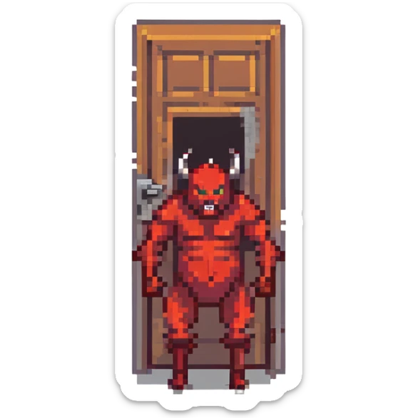 devil guy with a door for a torso and metal limbs taking a big ass fart
 sticker