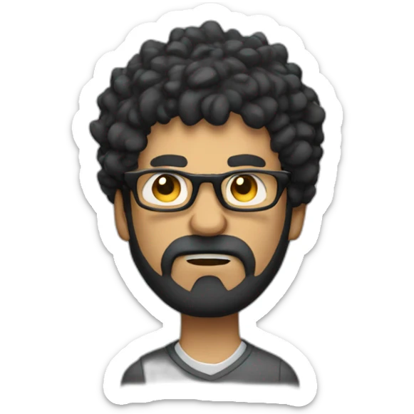 angry men with black curly hair and beard with golden glasses working on computer sticker