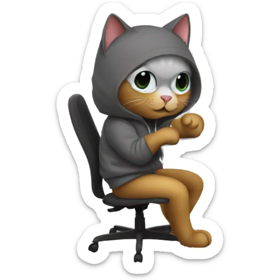 cat is a graphic designer in a hoodie and headphones, working at a computer in photoshop sticker