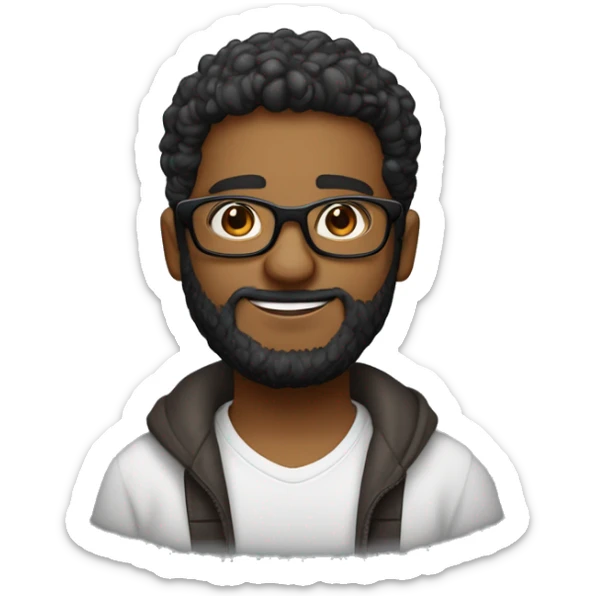 moreno, pelo negro, ojos marrones oscuro, un poco de granos, tengo barba, pelo rizado corto degradado bajo, con gafas sticker