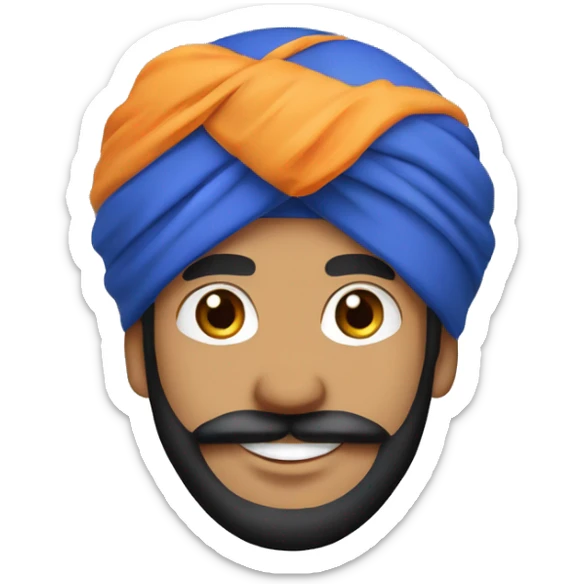 Cheerful Sikh man emoji with a blue turban, friendly smile, kind eyes, black beard, minimalistic cartoon style, plain background. sticker