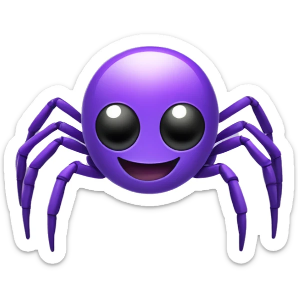 A happy and cute spider mascot. The spider should have a cheerful face and a non-threatening appearance. It should have a sleek, futuristic design with some elements representing technology and data. it has to be purple. sticker