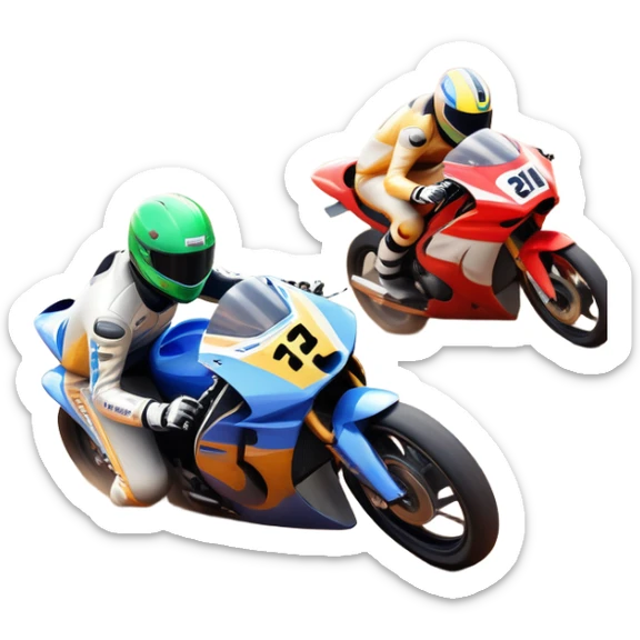 A sleek racing car and motorcycle speeding on a track, leaving a trail of dust behind. The scene captures the thrill of high-speed competition, with blurred motion and vibrant colors, highlighting the dynamic energy of motorsport. sticker