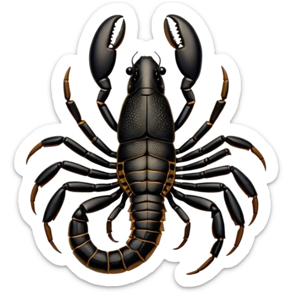 Cinematic Cute Emperor Scorpion Portrait Emoji, Head tilted playfully and inquisitively, with a compact, rugged build and a sleek, dark exoskeleton highlighted by delicate, intricate patterns and round, sparkling eyes full of curious defiance, Simplified yet irresistibly adorable features, highly detailed, glowing with a warm, friendly glow, high shine, affectionate and quirky, stylized with a touch of desert whimsy, soft glowing outline, capturing the essence of a mischievous yet endearing scorpion that feels like it could pinch its way out of the screen into your arms! sticker