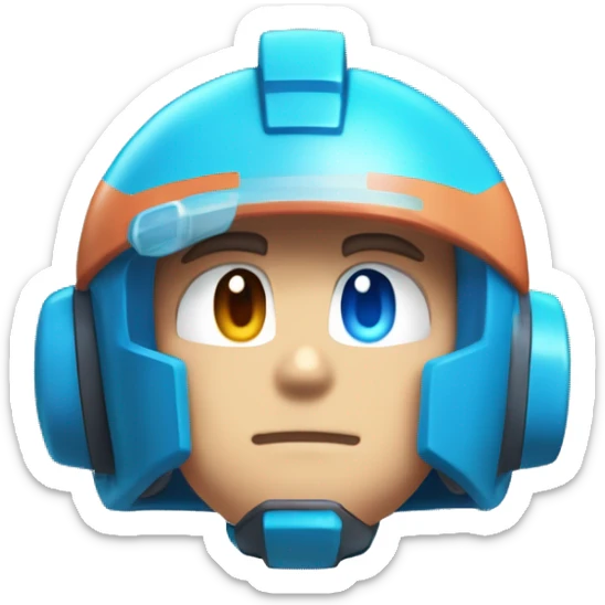 Mega Man with Blue eyes, peach skin on his face, Blue Helmet with a Cyan Stripe, Cyan ears, Cyan Body. sticker