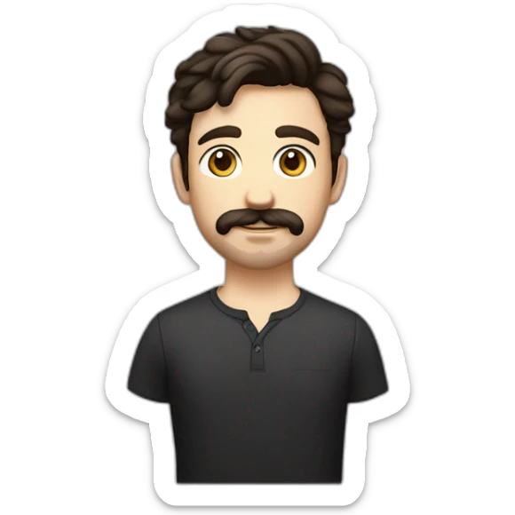 A young Caucasian man with dark brown, almond-shaped eyes, short dark brown hair, and a small dark brown beard with a more prominent mustache. sticker