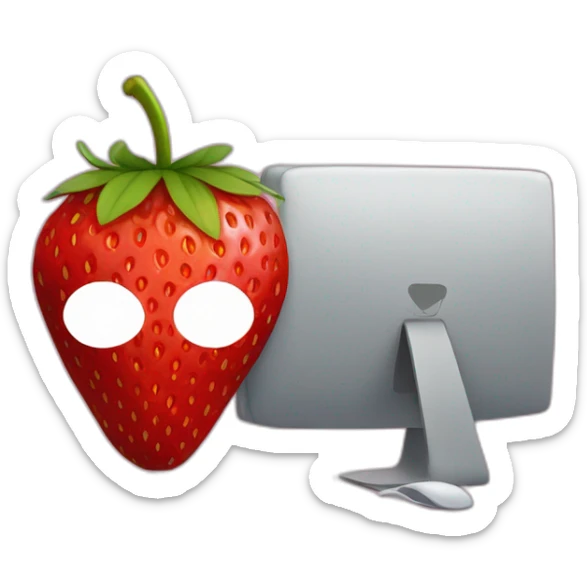 a strawberry with the body of a man with eyes a mouth a nose and everything else the strawberry is in front of a computer with a mask that hides his eyes so that we don't recognize his face sticker