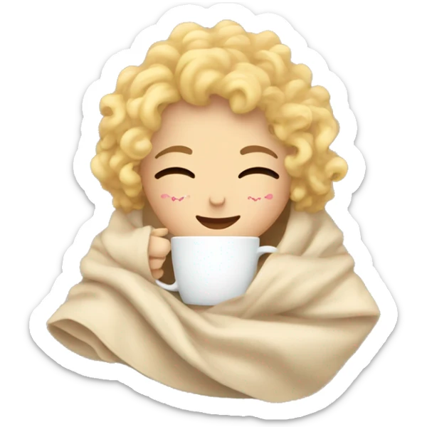 Blonde short hair curly girl inside a blanket sipping coffee eyes closed sticker