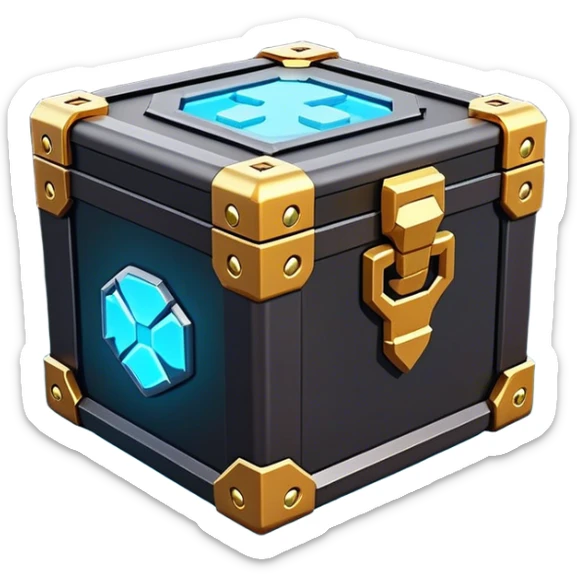 Clash of Clans aesthetic: Cinematic Playful Sci-fi Loot Crate Emoji, rendered in a 3D vector-style similar to standard emojis with minimal shading and bold, simplified shapes. A compact, futuristic storage box with sleek metallic panels and digital accents, softly glowing with a cosmic treasure charm. Simplified yet unmistakably iconic, highly detailed and consistent, glowing with a soft radiant shine and high gloss. Stylized with a touch of intergalactic mystery and a soft glowing outline, capturing the essence of a futuristic reward chest with a friendly, playful allure! sticker