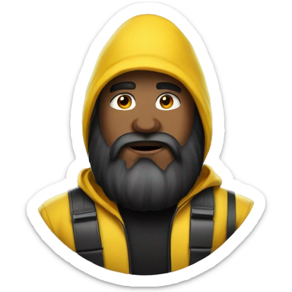 Heavy bearded man, wearing a yellow hood and black ball cap sticker