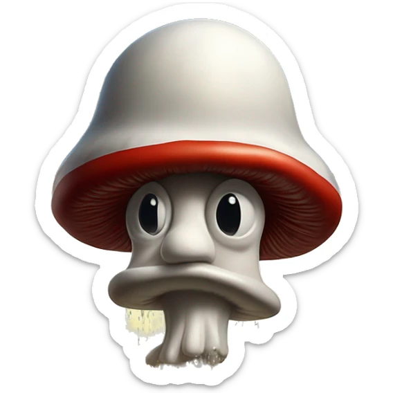 Laughing mushroom cloud in Uncle Scrooge style, oil paint, mysterious eyes, intricate lips, masterpiece pose, odd perspective, beautiful, desirable, logical sticker