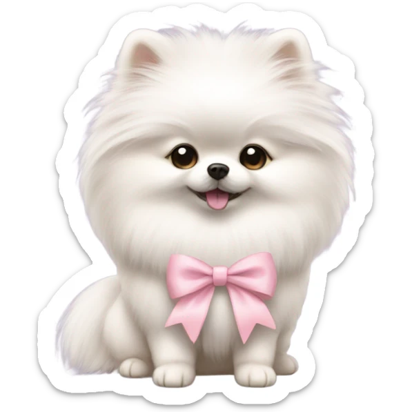 A white small Pomeranian with a cute little light pink bow on her hair sticker