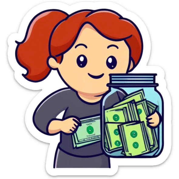 redhead woman with big smile holding glass jar with money bills inside sticker