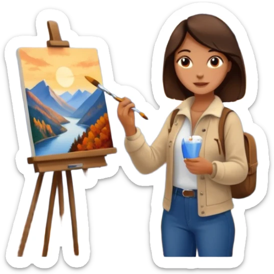 Brunette Artist painting a beautiful autumn mountain peak destination on canvas sticker