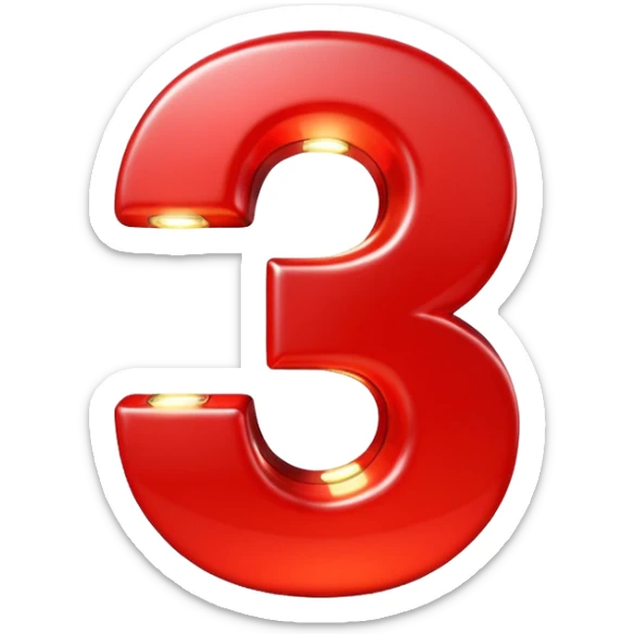 A 3D number 3 in a movie theater setting, shiny red surface; bright spotlights from above; cinematic glow with subtle haze; glossy, premium Hollywood countdown look; centered composition. sticker