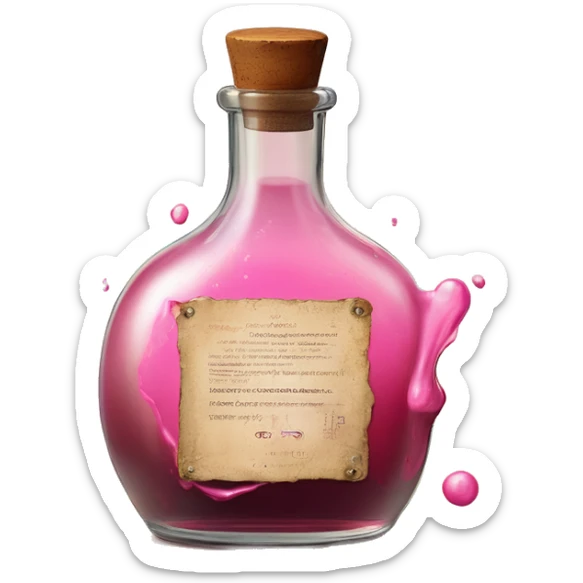 Mysterious Alchemical vintage glass potion bottle, exquisite bottle shape, old and shabby, with label, stylish and minimalistic, brown and pink, oil potion is poured out of the bottle, oil is spilled next to it sticker
