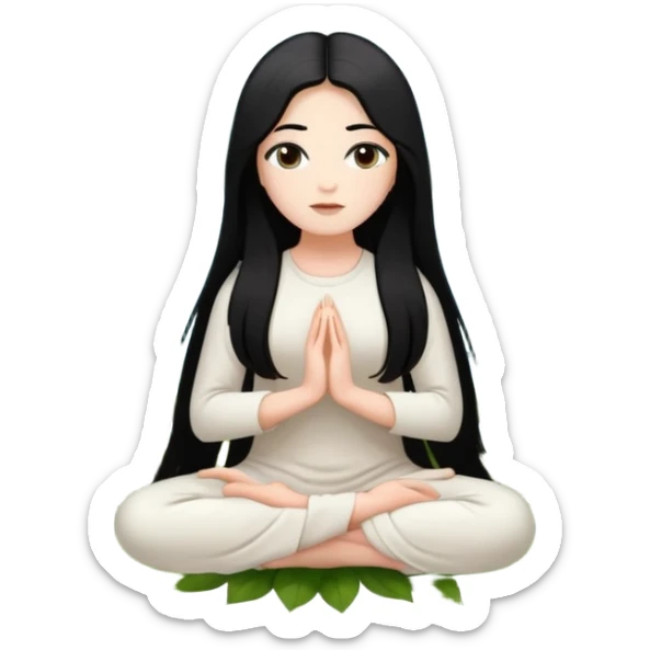 crea un chica blanca con cabello negro largo bonita de ojos marrones vestida de blanco conectando con la naturaleza rodeada de flores meditando  sticker