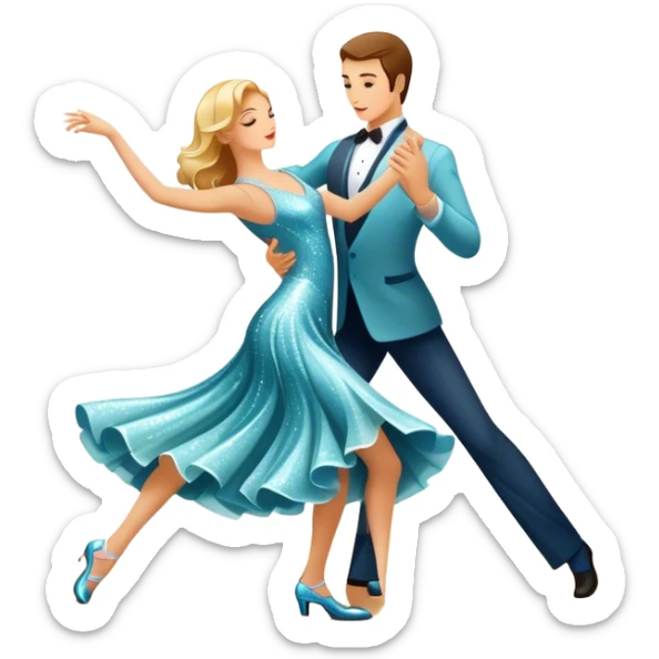 Humanless Icon for Ballroom Dance: elegant ballroom dance shoes, a sparkling dress, and a dance floor with a spotlight. The icon should capture the grace and elegance of ballroom dancing, with emphasis on movement and rhythm. Transparent background. sticker