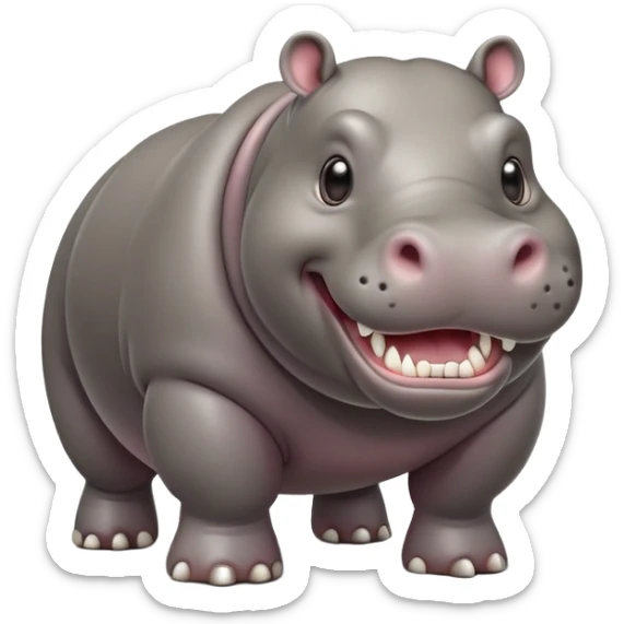 cinematic-hippo-realistic-full-body-side-view-standing-on-all-fours-emoji,-massive-round-frame,-wide-mouthed-grin-exposing-huge-teeth,-head-tilted-dramatically,-thick-grey-hide-glossy, big cute eyes sticker